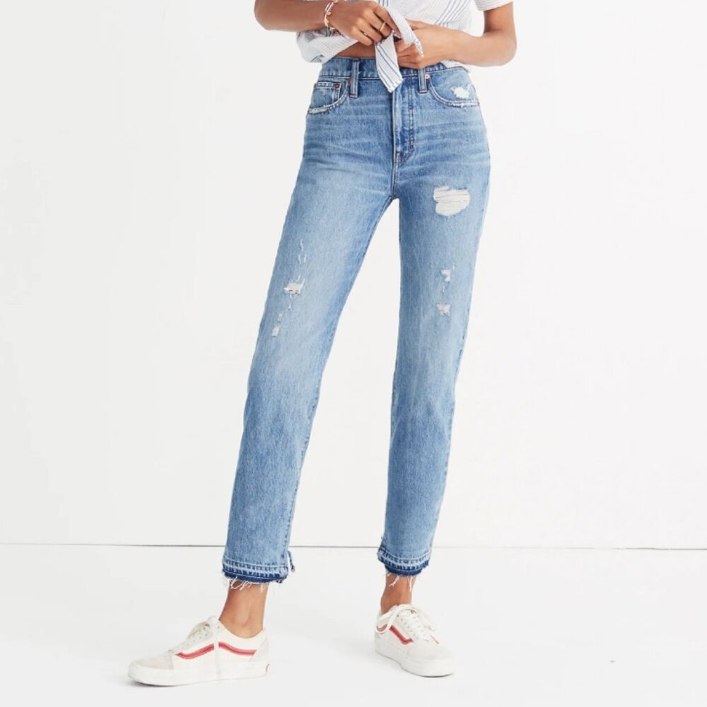 Madewell Classic Straight Jeans Destructed Edition Medium Wash Blue Ripped 28